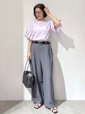 「OPAQUE.CLIP（オペークドットクリップ）の【接触冷感】タックスリーブカットソー《洗濯機OK》（Tシャツ/カットソー、パープル系）」を使った、NAKAさん（レディース・161cm）の夏コーディネート