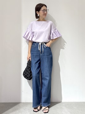「OPAQUE.CLIP（オペークドットクリップ）の【接触冷感】タックスリーブカットソー《洗濯機OK》（Tシャツ/カットソー、パープル系）」を使った、NAKAさん（レディース・161cm）の夏コーディネート