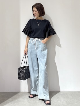 「OPAQUE.CLIP（オペークドットクリップ）の【接触冷感】タックスリーブカットソー《洗濯機OK》（Tシャツ/カットソー、ブラック系）」を使った、NAKAさん（レディース・161cm）の夏コーディネート