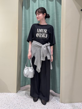 「Jena espace merveilleux（ジェナ　エスパスメルヴェイユ）の〈7/17インスタライブご紹介アイテム〉【接触冷感】ロゴスムースTシャツ（Tシャツ/カットソー、ブラック系）」を使った、jnmizukiさん（レディース・158cm）の夏コーディネート