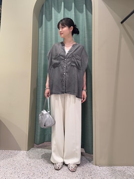 「Jena espace merveilleux（ジェナ　エスパスメルヴェイユ）の【サラサラ半袖デニム】テンセルフレンチシャツ（シャツ/ブラウス、グレー系）」を使った、jnmizukiさん（レディース・158cm）の夏コーディネート