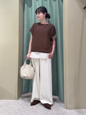 「Jena espace merveilleux（ジェナ　エスパスメルヴェイユ）のフレンチメッシュニット（ニット/セーター、ブラウン系）」を使った、jnmizukiさん（レディース・158cm）の夏コーディネート