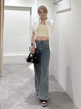 「FREE'S MART（フリーズマート）の[接触冷感][UV加工]カップ付きショート丈キャミソール（Camisole、ホワイト系）」を使った、reikamfmさん（レディース・158cm）の夏コーディネート
