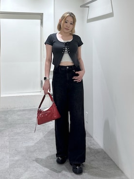 「FREE'S MART（フリーズマート）の◆レースアップレイヤードカットソー（T Shirts、ブラック系）」を使った、reikamfmさん（レディース・158cm）の夏コーディネート