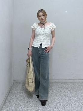 「FREE'S MART（フリーズマート）の◆フレンチスリーブジャガードカットソー（T Shirts、ホワイト系）」を使った、reikamfmさん（レディース・158cm）の夏コーディネート