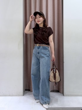 「La boutique BonBon（ラブティックボンボン）の【今すぐお届け！】ワイドデニム（デニムパンツ、ブルー系）」を使った、mebukiさん（レディース・158cm）の夏コーディネート