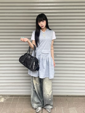 「lilful（リルフル）の【ペットボトル収納可能！】Y2K ベルトボストン2WAYショルダーバッグ ハンドバッグ（ショルダーバッグ、ブラック系）」を使った、pomurrrさん（レディース・155cm）の夏コーディネート