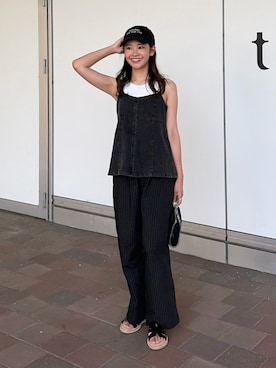 「LAVEANGE（ラビアンジェ）のピンストライプワイドパンツ｜イージーパンツ/ウエストゴム（その他パンツ、ブルー系）」を使った、Honokaさん（レディース・163cm）の夏コーディネート