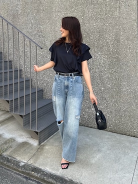 「LAVEANGE（ラビアンジェ）の【好機能シリーズ】汗シミ防止・接触冷感・吸水速乾・UVカット・遮熱・透け防止｜エアリードライフリル切替プルオーバー｜ひんやり/体型カバー（Tシャツ/カットソー、ブラック系）」を使った、Honokaさん（レディース・163cm）の夏コーディネート
