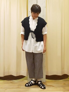 「Samansa Mos2（サマンサ モスモス）のビックシルエットバンドカラーシャツ（シャツ/ブラウス）」を使った、やまさん（レディース・167cm）の春コーディネート