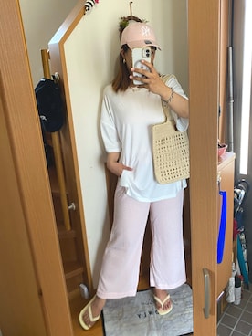「BILLABONG（ビラボン）のBILLABONG レディース KNIT TOTE BAG トートバッグ 【2025年夏モデル】/ビラボンクロシェットトートバッグ（トートバッグ、ベージュ系）」を使った、pu♡さん（レディース・164cm）の夏コーディネート