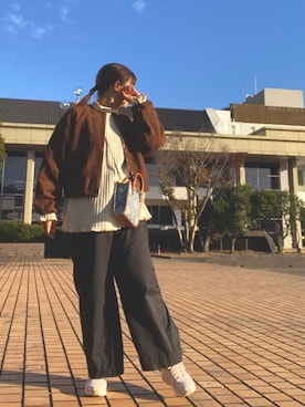 「ノーカラージャケット」｜「アイテム（アクセサリー）」を使った、pu♡さん（レディース・164cm）の秋コーディネート