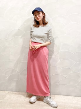 「Kastane（カスタネ）のテレコボーダー5分袖Tee（Tシャツ/カットソー）」を使った、ひらさわいずみさん（レディース・158cm）の春コーディネート