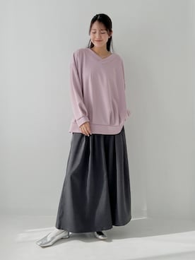 「n'OrLABEL（ノアールレーベル）の【機能素材】『前後Vネックダンボールスウェット』（スウェット、ピンク系）」を使った、osharewalker staffさん（レディース・153cm）の春コーディネート