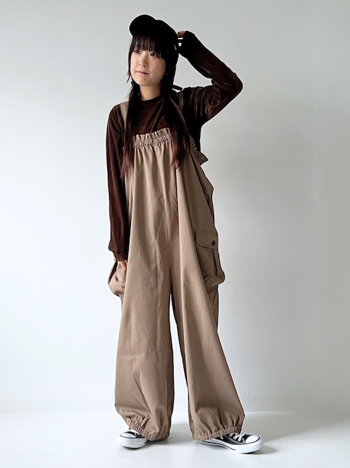 Melty  Chocolate サロペット ベージュ 洗える/S-LL】裏がサラサラ やわらか ギャザーサロペット