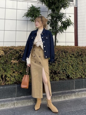 「スリット」｜「アイテム（デニムジャケット）」を使った、あっちゃんさん（レディース・156cm）の春コーディネート