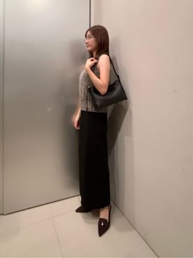 「CHARLES & KEITH（チャールズ & キース）の【本革】ラージ レザー トップフラップ ホーボーバッグ（ショルダーバッグ、ブラック系）」を使った、CHARLES & KEITHさん（レディース・160cm）の秋コーディネート