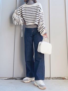 「tiptop（ティップトップ）の袖ドロストショート丈ニットプルオーバー（ニット/セーター）」を使った、m♡ao*さん（レディース・152cm）の冬コーディネート