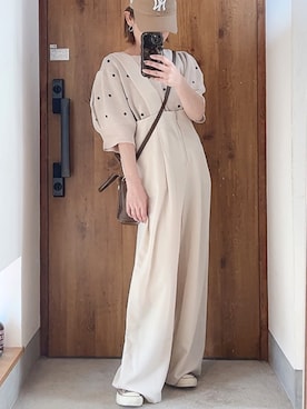 「GeeRA（ジーラ）の夏 にぴったり。ドット柄ジャガード半袖トップス（ニット/セーター、ベージュ系）」を使った、m♡ao*さん（レディース・152cm）の春コーディネート