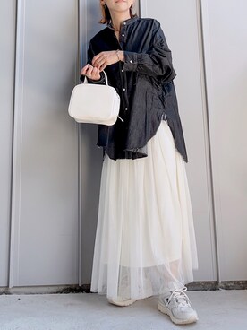 「hunch（ハンチ）の【WEB限定/別注】 バンドカラー オーバーサイズ　デニムシャツ（シャツ/ブラウス）」を使った、m♡ao*さん（レディース・152cm）の秋コーディネート