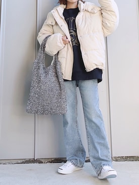 「アイテム（ダウンジャケット/コート、ホワイト系）」を使った、m♡ao*さん（レディース・152cm）の冬コーディネート