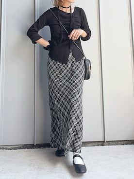 「tiptop（ティップトップ）のチョーカー付き前ギャザーロンT（Tシャツ/カットソー、ブラック系）」を使った、m♡ao*さん（レディース・152cm）の秋コーディネート