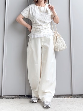 「SENSE OF PLACE by URBAN RESEARCH（センスオブプレイスバイアーバンリサーチ）のフリルドレープトップ（Tシャツ/カットソー、ホワイト系）」を使った、m♡ao*さん（レディース・152cm）の夏コーディネート