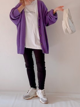 「パープル×黒」｜「アイテム（デニムパンツ）」を使った、m♡ao*さん（レディース・152cm）の秋コーディネート