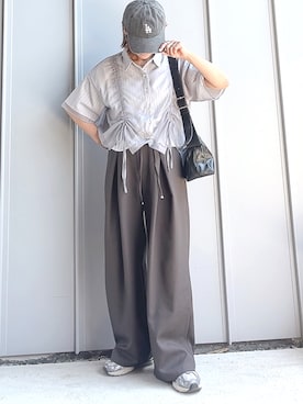 「tiptop（ティップトップ）のレイヤードドロストストライプシャツ（シャツ/ブラウス、グレー系）」を使った、m♡ao*さん（レディース・152cm）の春コーディネート