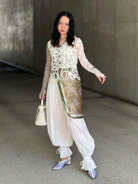 「musubore（ムスボレ）の2way half lace tops / ハーフレーストップス（Tシャツ/カットソー、グリーン系）」を使った、IMOKOさん（レディース・170cm）の春コーディネート