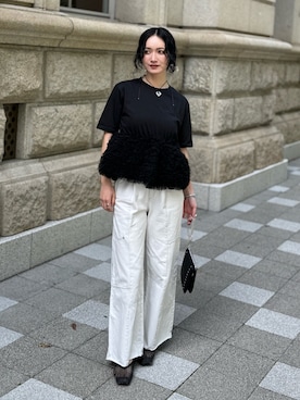 「deux amour（ドゥーザムール）のチュールペプラム半袖トップス（Tシャツ/カットソー、ブラック系）」を使った、IMOKOさん（レディース・170cm）の春コーディネート