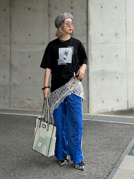 「SIDEWAY STANCE（サイドウェイスタンス）の【IMOKO】フォトプリント 半袖Tシャツ（Tシャツ/カットソー、ブラック系）」を使った、IMOKOさん（レディース・170cm）の春コーディネート