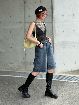 「GENERAL IDEA（ジェネラルアイデア）の【GENERAL IDEA】バミューダワイドデニムパンツ / WIDE BERMUDA DENIM PANTS（デニムパンツ、ブルー系）」を使った、IMOKOさん（レディース・170cm）の夏コーディネート