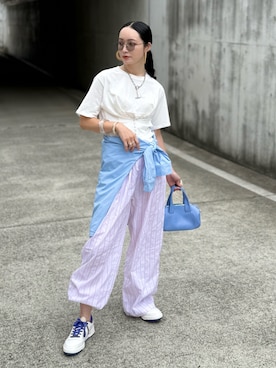 「LIVESSOのコルセットTシャツ（Tシャツ/カットソー、ホワイト系）」を使った、IMOKOさん（レディース・170cm）の夏コーディネート