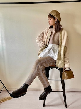 「チェック柄に恋してる」｜「アイテム（ハンチング/ベレー帽）」を使った、IMOKOさん（レディース・170cm）の冬コーディネート
