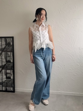 「deux amour（ドゥーザムール）のドット裾フリルブラウス（シャツ/ブラウス、ホワイト系）」を使った、IMOKOさん（レディース・170cm）の夏コーディネート