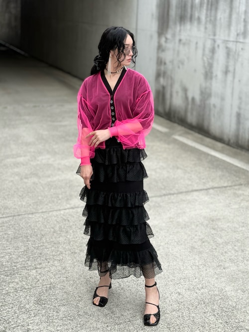美品 アダムエロペ シアーフリルスカート 黒 春夏 シアーフリルスカート（スカート）｜ADAM ET ROPE'（アダムエロペ）の
