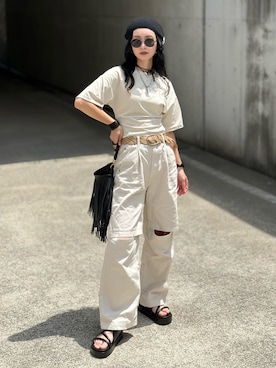 「Bella lume（ベッラルーメ）の《Bella Lume(ベッラルーメ)》アーバンサンダル（サンダル、ブラック系）」を使った、IMOKOさん（レディース・170cm）の夏コーディネート