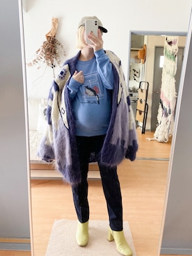 「モヘアカーディガン」｜「アイテム（スウェット）」を使った、千紘さん（レディース・154cm）の秋コーディネート