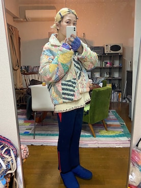 「アイテム（手袋、パープル系）」を使った、千紘さん（レディース・154cm）の冬コーディネート