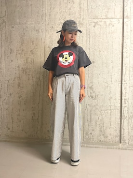 「ミッキーコーデ」｜「アイテム（帽子）」を使った、浅野ゆきさん（レディース・158cm）の夏コーディネート