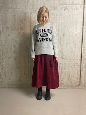 「AVIREX（アヴィレックス）のJACQUARD LOGO KNIT TOPS/ ジャガードロゴニットトップス（ニット/セーター、グレー系）」を使った、浅野ゆきさん（レディース・158cm）の秋コーディネート