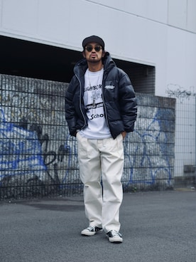 「schott（ショット）のSchott/ショット/TC DOUBLE PLEATED WIDE PANTS/2タック ワイドパンツ（チノパンツ）」を使った、ishizawaさん（メンズ・172cm）の冬コーディネート