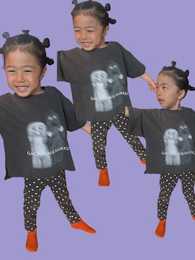 「LOWRYS FARM（ローリーズファーム）の【ガチャピン・ムック】Tシャツ　659267（Tシャツ/カットソー、グレー系）」を使った、▷ fuu ◁さん（キッズ・110cm）の春コーディネート