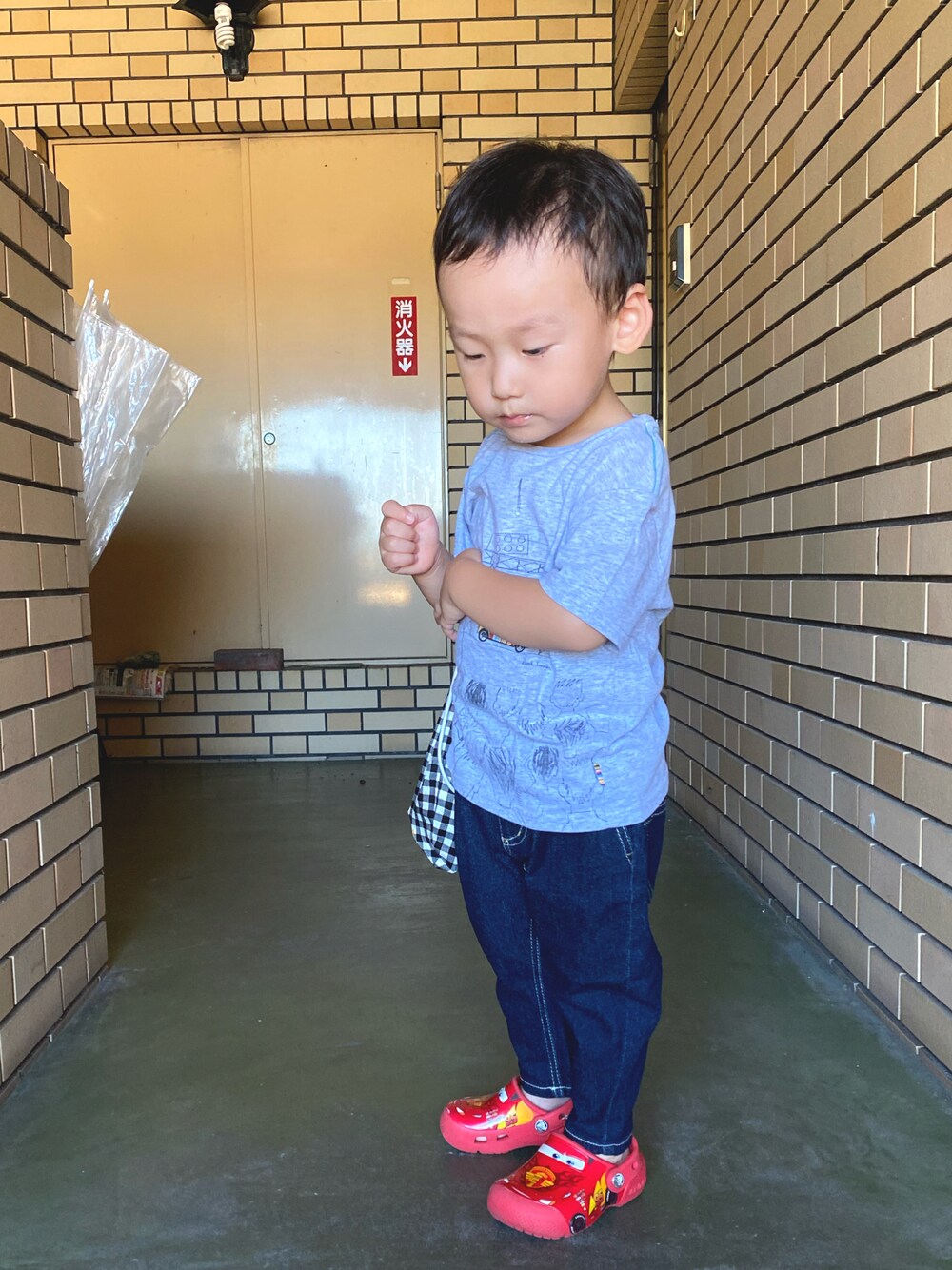 「おとこのこ、2歳5ヶ月、休日コーデ、おさがりコーデ」｜「Paul Smithのアイテム（Tシャツ/カットソー、グレー系）」を使った、pooh❁¨̮sukeさん（キッズ・90cm）の秋コーディネートの1枚目の写真