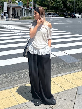 「FREE'S MART（フリーズマート）の◆メランジドロスト半袖レースティアードキャミセット（T Shirts、ホワイト系）」を使った、sakura_さん（レディース・155cm）の春コーディネート