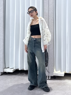 「FREE'S MART（フリーズマート）の◇袖シャーリングオーバーシャツ（Shirts、ホワイト系）」を使った、sakura_さん（レディース・155cm）の春コーディネート