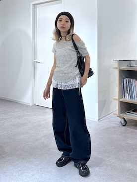 「FREE'S MART（フリーズマート）の◆メランジドロスト半袖レースティアードキャミセット（Tシャツ/カットソー、ホワイト系）」を使った、sakura_さん（レディース・155cm）の夏コーディネート