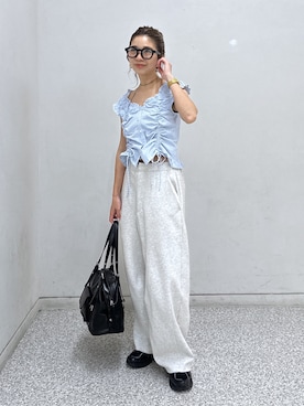 「FREE'S MART（フリーズマート）の◆ドロストリボンフレンチブラウス（Shirts、ブルー系）」を使った、sakura_さん（レディース・155cm）の春コーディネート
