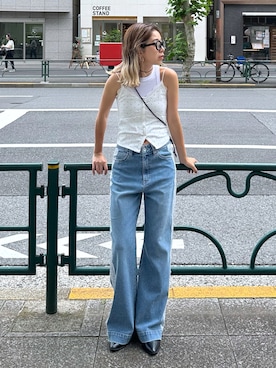 「FREE'S MART（フリーズマート）の◆アイレットレースキャミソール（Tシャツ/カットソー、ホワイト系）」を使った、sakura_さん（レディース・155cm）の夏コーディネート